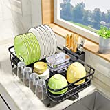 PXRACK Dish Drying Rack, Expandable(12.8'-21.5') Dish Rack with Utensil Holder Cup Holder, Stainless Steel Dish Rack and Drainboard Set for Kitchen Counter, Black