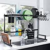 Kitsure Over-The-Sink Dish Drying Rack 2-Tier with Adjustable Length Design (33.4-39.4in),Multifunctional Dish Rack for Over-Sink Use, Stainless Steel Dish Rack, Space-Saving Sink Dish Drying Rack