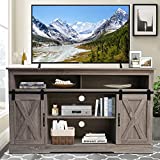 Farmhouse TV Stand Sliding Barn Door, Modern Wood Entertainment Center, Storage Cabinet Table Living Room with Adjustable Shelves for TVs Up to 65', Gray