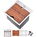 VALISY 15x15 inch 304 Stainless Steel Square Topmount Drop-In Small Workstation Kitchen Bar Sink，Single Basin Sink for Wet Bar Prep RV Yard Office with Dish Grid & Drain & Cutting Board