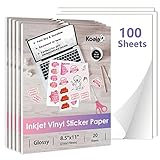 Koala Printable Vinyl Sticker Paper for Inkjet Printers - 100 Sheets Glossy White Waterproof Adhesive Label Paper - 8.5x11 Inch, Tear-Resistant, Removable