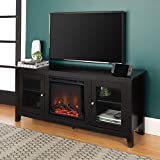 Walker Edison Rustic Wood and Glass Fireplace TV Stand for TV's up to 64' Flat Screen Living Room Storage Cabinet Doors and Shelves Entertainment Center, 58 Inch, Black