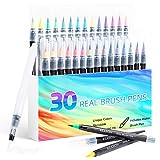 Watercolor Brush Pens, Real Brush Pen, 30 Watercolor Painting Markers with Flexible Nylon Brush Tips for Coloring, Calligraphy and Drawing (1 Water Brush Pens for Blending)