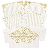 AnyDesign 60 Sheet Vintage Stationery Paper with 30Pcs Envelopes Gold Lined Letter Paper Envelopes with Liner Double-Sided Writing Paper for Birthday Wedding Invitation Thank You Greetings