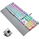 Retro Steampunk Mechanical Gaming Keyboard, Metal Panel, Black Switches, LED Backlit,USB Wired,Hand Rest,Typewriter-Style Round Keycaps,for Game and Office,for Computer Laptop Desktop PC(2088-White)