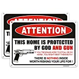 Showbellia 2 Pack Gun Signs This Home is Protected By GOD and Gun Rust Free Aluminum, Weather/Fade Resistant, Easy Mounting, Indoor/Outdoor Use Metal Gun Sign (10'x 7')inches