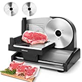 Meat Slicer, 7.5' Electric Deli Food Slicer with 2 Removable Stainless Steel Blades, Adjustable Thickness Meat Slicer for Home Use, Cuts Frozen Meat, Cheese, Bread, Vegetables, Easy to Clean, Black