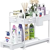 SOLEJAZZ Under Sink Organizers and Storage, 2-Tier Under the Sink Storage Bathroom Cabinet Organizer Sliding Kitchen Cabinet Organizer, Multi-purpose Bathroom Organizer with Hooks, Hanging Cup, White