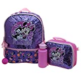 Disney’s Minnie Mouse Girls & Toddler 4 Piece Backpack Set, Flip Sequin School Bag with Front Zip & Side Mesh Side Pockets, Insulated Lunch Box, Water Bottle, and Squish Ball Dangle