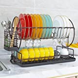 Dish Drying Rack with Drainboard for Kitchen Counter, Bronze 2 Tier Dish Rack with Utensil Holder, Multifunction Dishes Drainer with Drainage, Double Tier Plate Drying Rack with Tray