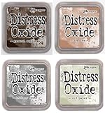Tim Holtz Ranger Distress Oxide Ink Bundle K - Four 3' x 3' Pads - Ground Espresso, Tea Dye, Hickory Smoke Old Paper (Three New Fall 2018)