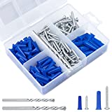 KURUI Conical Concrete Anchors and Screws Assortment Kit, 200PCs Masonry Anchors with 2PCs Drill Bit,100 Brick Wall Anchors and 100 Self Tapping Screws-Blue