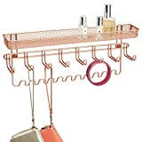 mDesign Steel Wall Mount Closet Jewelry Storage Organizer Rack Holder with 8 Hooks and Basket for Bedroom - Holds Necklaces, Bracelets, Watches, Sunglasses, Purses - Concerto Collection - Rose Gold