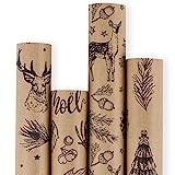 RUSPEPA Christmas Wrapping paper - Brown Kraft Paper with Black Christmas Elements Print Paper - 4 Roll-30Inch X 10Feet Per Roll
