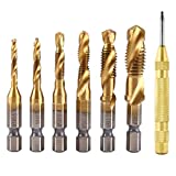 6 Pcs 1/4' HSS Spiral Hex Shank Combination Drill Screw Tap Bit Set (M3-M10) with Automatic Spring Loaded Center Punch Tool - Gold