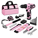 WORKPRO 12V Pink Cordless Drill Driver and Home Tool Kit, 61-Piece Hand Tool Set for DIY, Home Maintenance, 14-inch Storage Bag Included - Pink Ribbon