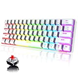 Wireless 60% Dual Mode BT5.0/USB-C Wired Mechanical Gaming Keyboard with Rainbow Backlight Compact 61Key Ergonomic Rechargeable Anti-ghosting Bluetooth for PC Typist Mac Gamer(White/Red Switch)