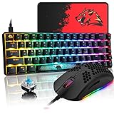 60% Ture Mechanical Gaming Keyboard and Mouse Combo Samll Mini RGB Chroma 68Key Keyboard, Detachable USB Type-C Cable，Lightweight 6400DPI Honeycomb Mouse Compatible with PS4,Xbox,PC,Laptop,MAC