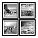 ENGLANT-4 Panels Set Framed Canvas Print for Seascape Beach and Boat Sunrise Scenery Black and White Giclee Canvas Print Wall Art Ready to Hang