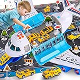 Bennol Spray Airplane Toys for Boys, Large Transport Cargo Airplane with 6 Construction Vehicle 10 Road Signs 1 Play Mat, Plane Toy with Lights Sounds, for Boys Age 3 4 5 6