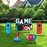Game On Video Game Yard Signs with Stakes – Includes Game Remote Control Stick and Balloon Signs– Weather Resistant Signs and Stakes-Boy Birthday Party Decoration-5PCS