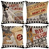 ULOVE LOVE YOURSELF 4pack Vintage Cinema Poster Pillow Covers Movie Theater with Popcorn,Filmstrip,Clapboard Pattern Home Decor Couch Pillow Case 18 X 18 Inch (Popcorn Cinema)