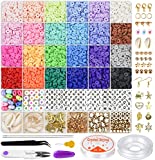6000 Pcs Clay Beads for Bracelet Making, Gionlion 24 Colors Flat Round Polymer Clay Beads 6mm Spacer Heishi Beads with Pendant Charms Kit and Elastic Strings for Jewelry Making Kit Bracelets Necklace