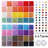 Quefe 44000pcs 2mm 12/0 Bracelet Glass Seed Beads, 48 Colors Small Beads, Craft Beads kit for Jewelry Making, with 2 Storage Boxes, Charms, Jump Rings and Clear Elastic String Cord