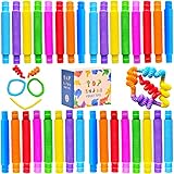 32Pack Pop Tubes, Fidget Tubes for Children and Adult Sensory Fidget Toy Set for Stress and Anxiety Relief Educational Learning Toys for Kids