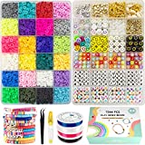 Total 7200 Pcs | Clay Beads for Bracelet Making Kits, 24 Colors 6000 pcs Flat Clay Heishi Beads | 16 A-Z Smiley Face Beads,Strings for Jewelry Making Kit Bracelets Necklace Stuff Gift for Girls 6-12
