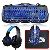 Gaming Keyboard and Mouse Combo with Headset, MFTEK Crack Backlit 3 Colors Keyboard, Wired Gaming Mouse, Lighted Gaming Headset with Microphone Set, 50mm Speaker Driver + Mouse Pad for PC Games