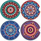 4 Pack Car Cup Holder Coasters,2.56 inch Absorbent Mandala Ceramic Car Insert Coasters with Fingertip Grip for Easy Removal,Keeps Vehicle Cup Holders Clean Off Cold Drink Spills and Condensation