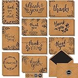 150 Thank You Cards with Matching Brown Kraft Envelopes and Stickers - Elegant 10 Designs Kraft Paper Bulk Blank Notes, Prefolded, for Wedding, Business, Formal, Baby Shower and All Occasions 4x6 Inch Blank