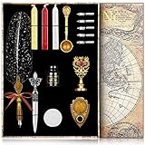 NC Quill Pen ink Set ,Feather Pen ink Set Includes Feather Dip Pen,Ink,5 Replacement Nibs,3 Wax Seal Sticks,Pen Nib Base,Seal Stamp, White Wax,Spoon,Envelope letter paper, Envelope Tool, Vintage Romantic Valentine Gift ( Black)