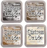 Tim Holtz Ranger Distress Oxide Ink Bundle - Four 3' x 3' Pads (E : Black Soot, Walnut Stain, Vintage Photo, and Antique Linen)